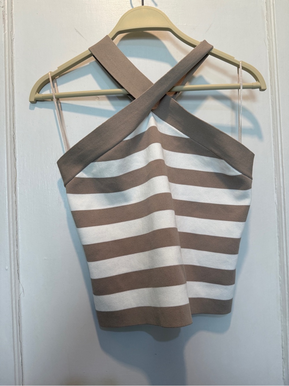 Sincerely Jules Striped Cross-Back Camisole in Beige and White